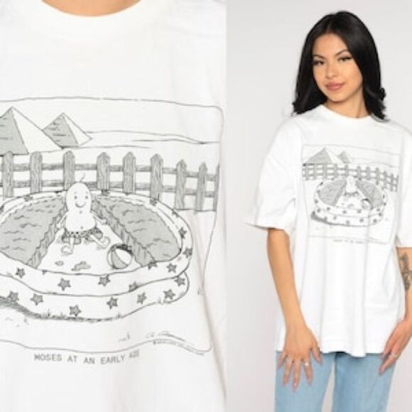 Baby Moses T Shirt Y2K Religious Shirt Moses Jesus Tee Large Single Stitch​​ - Picture 1 of 9